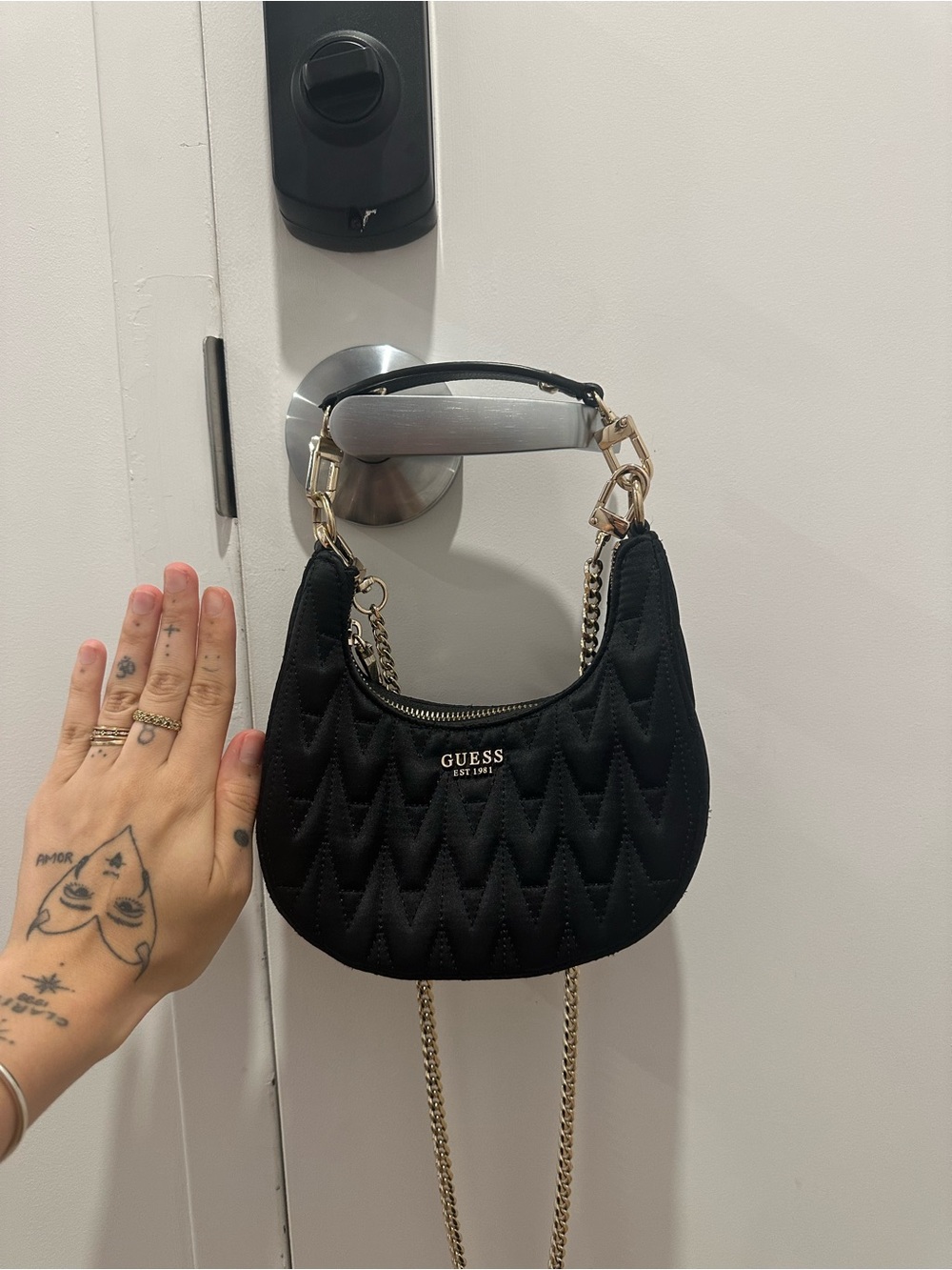 GUESS Black Quilted Crescent Mini Shoulder Bag with Gold Hardware - Picture 2 of 3